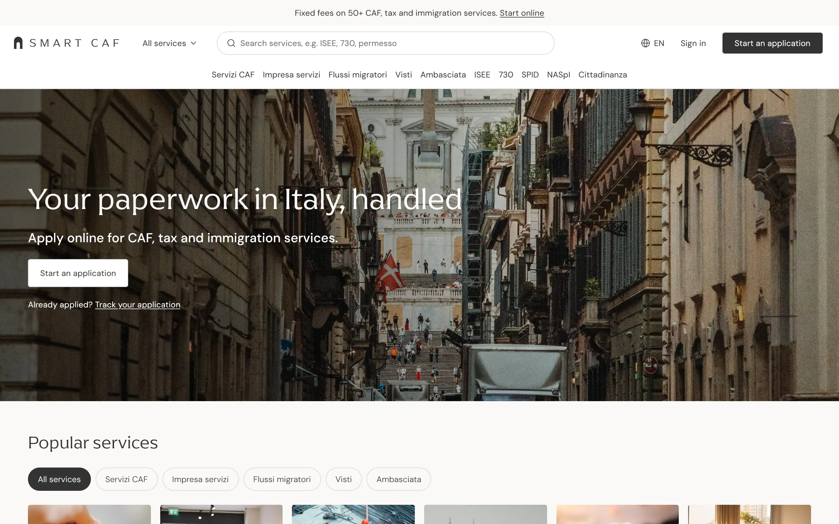 After: smartcaf.xilofy.com. Headline Your paperwork in Italy, handled, over a photo of a street in Rome, with a search box and service categories.