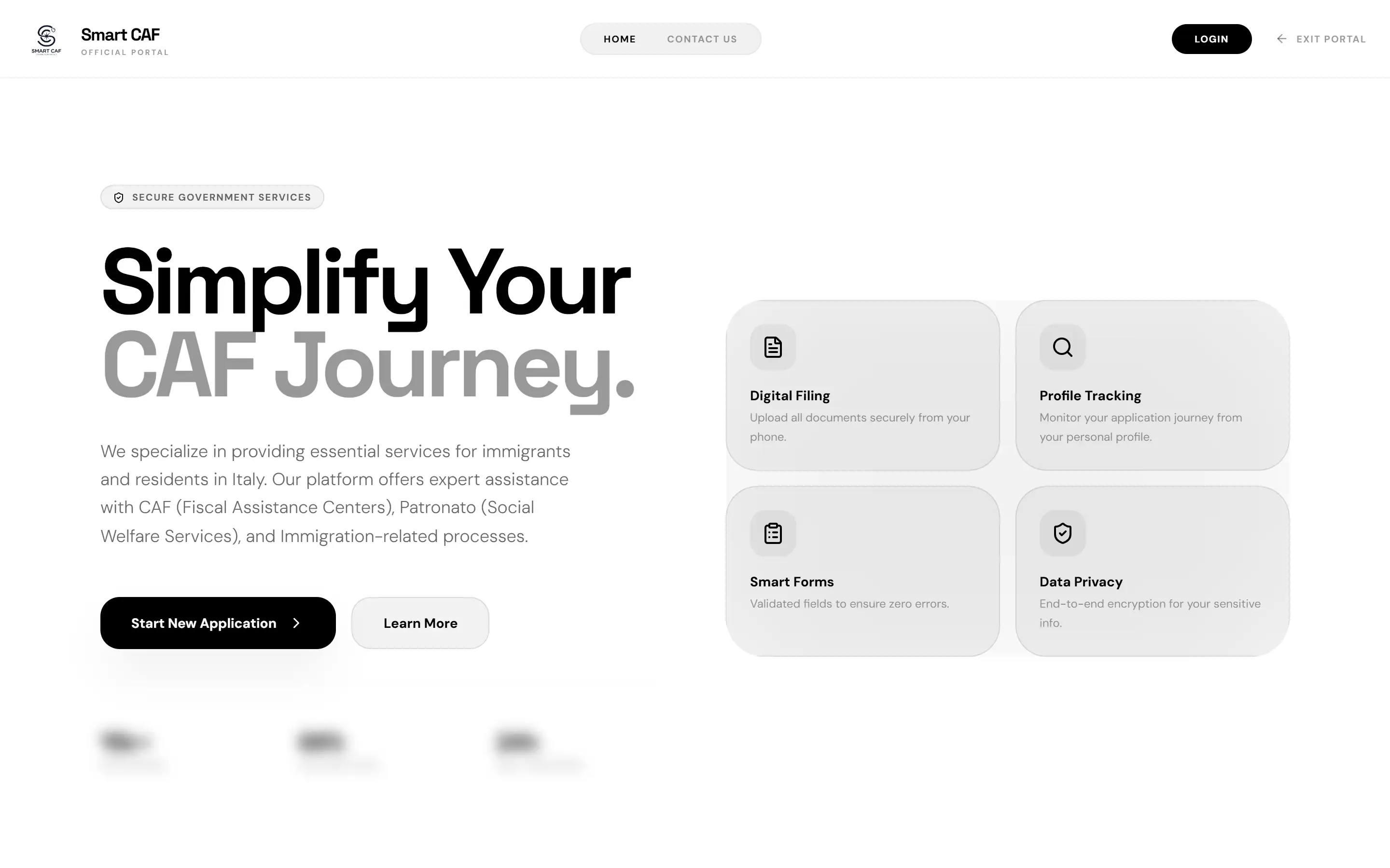 Before: smartcaf.tech. Headline Simplify Your CAF Journey, four feature cards, and a stats row that is blurred here.