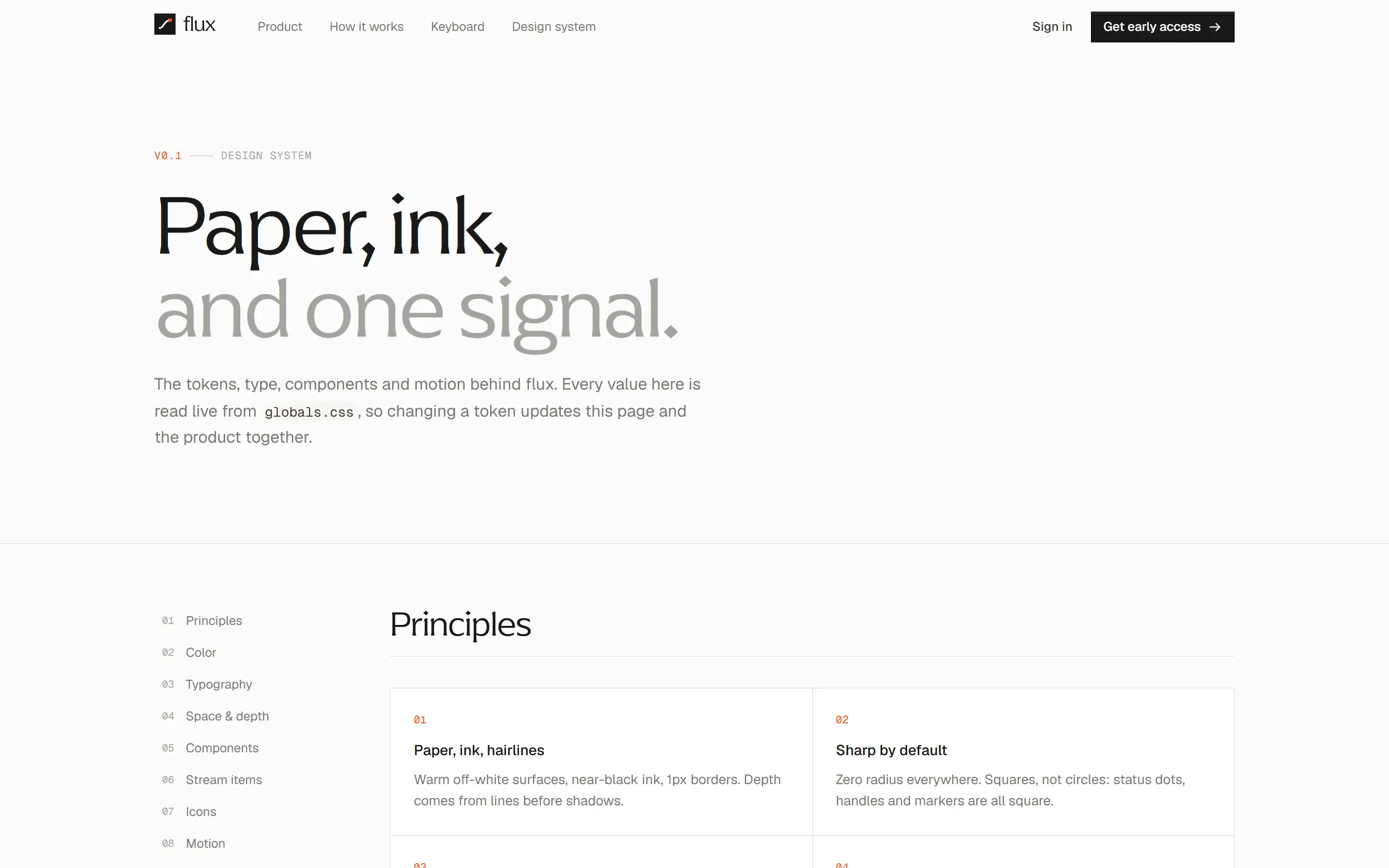 flux's living design system page, with colour tokens, type and components.