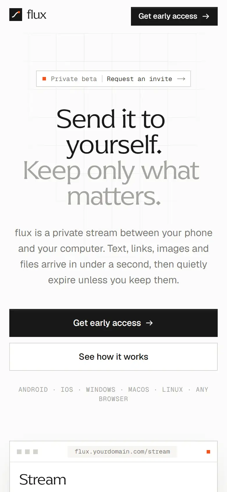 The flux landing page on a phone.