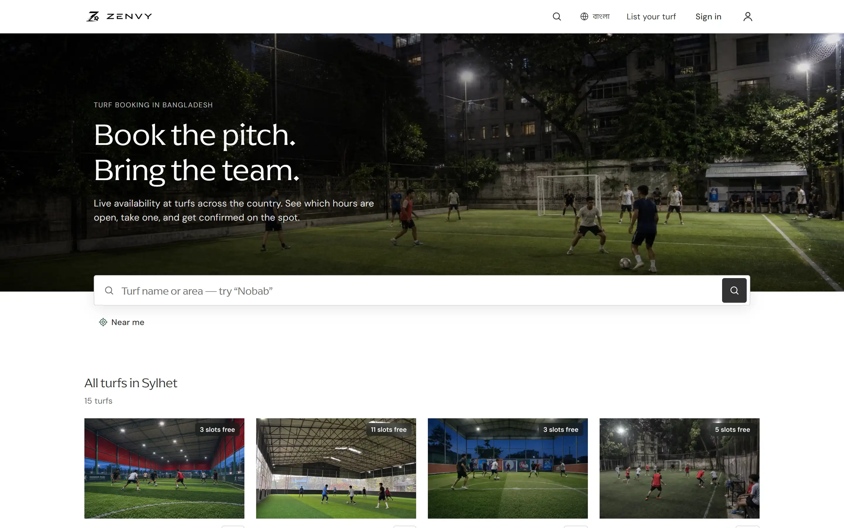 The live zenvy.com.bd home: Book the pitch. Bring the team., a search box, and real turf cards showing free slots.