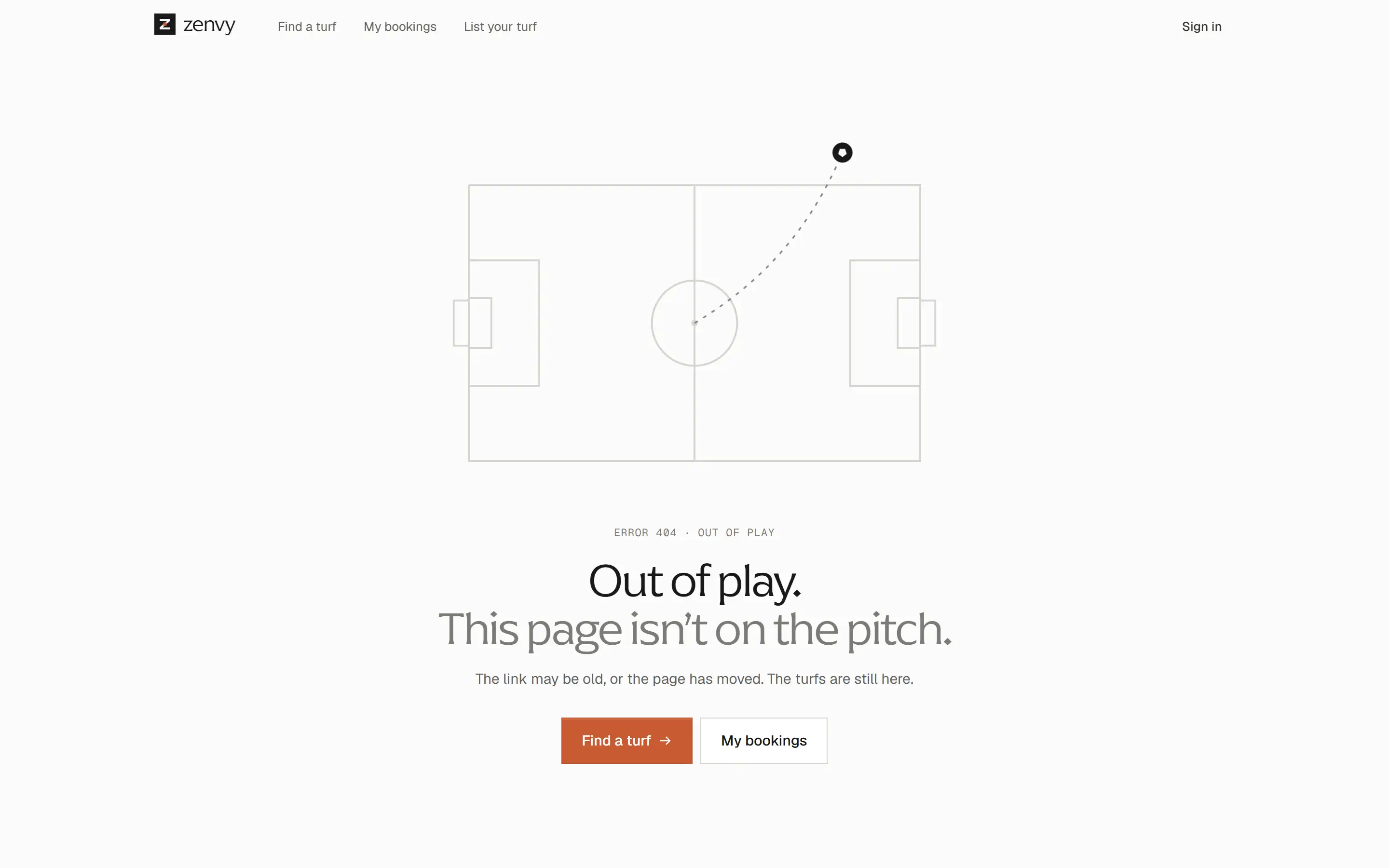 The redesign's 404 page: a pitch drawn in thin lines with the ball rolling out of play, and the words Out of play.