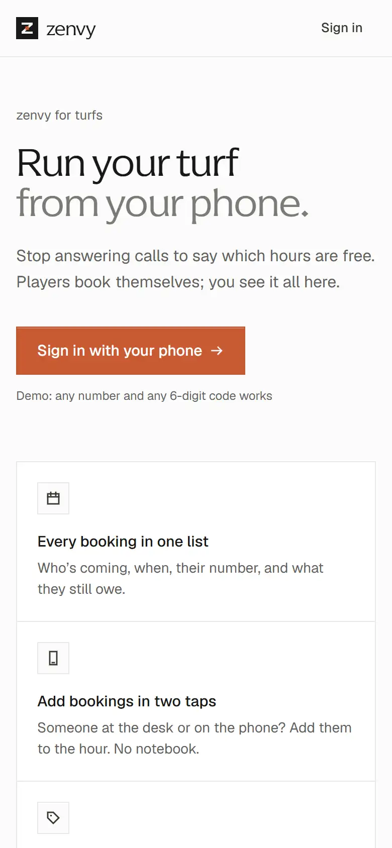 Zenvy for turfs on a phone: Run your turf from your phone, with a big sign-in button and a list of what owners get.