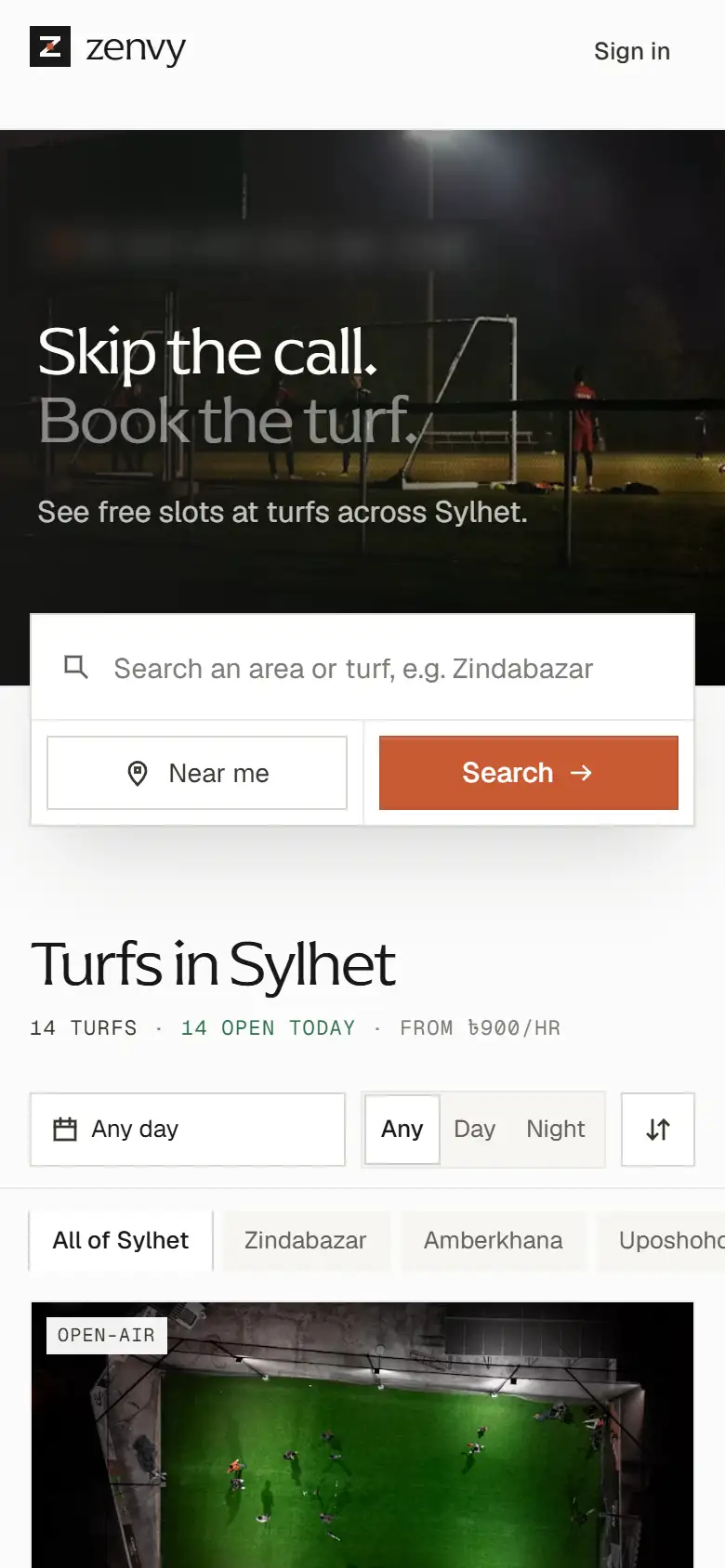 The redesigned Zenvy home on a phone: the headline Skip the call. Book the turf. and a search box.
